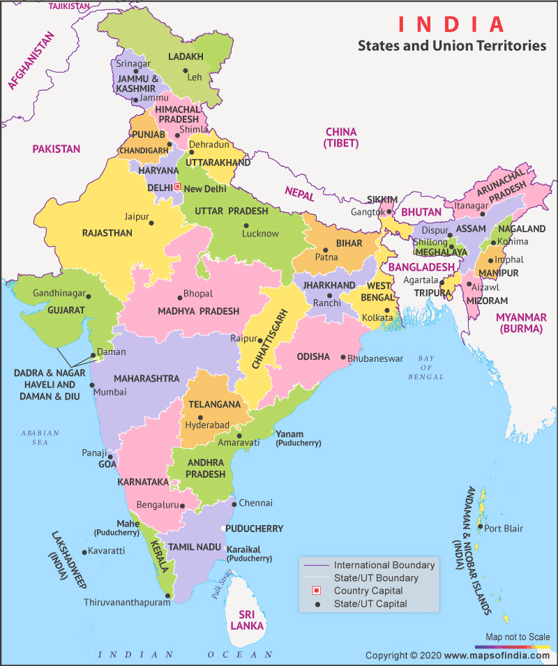 Political map of India showing states, union territories, and capitals in a pastel color scheme.